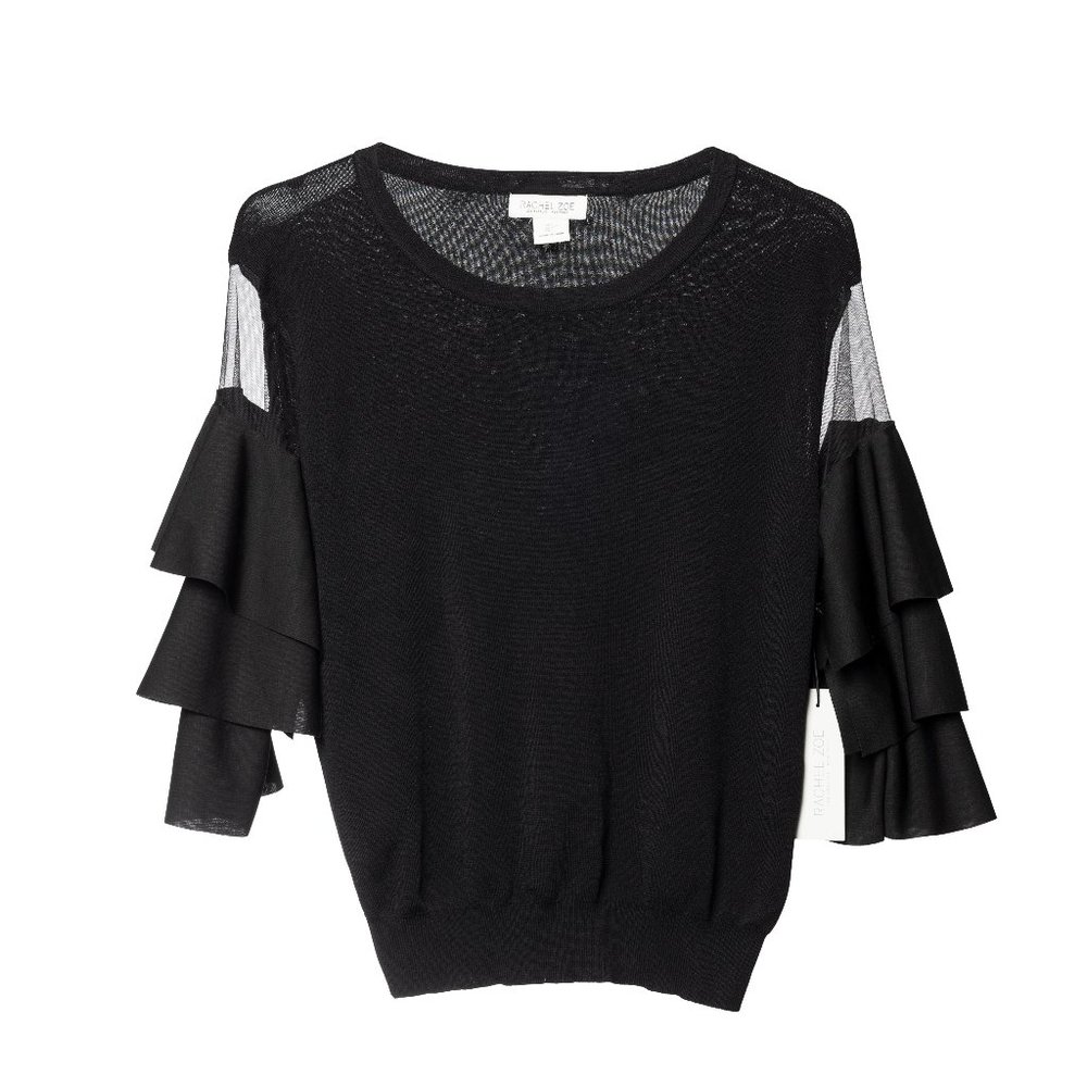 NWT Rachel Zoe Black Ruffle Tiered Mesh Sleeve Top Large